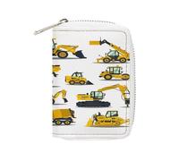 Women Leather Card Holder Coin wallet, Zipper Purse Key Change Compact Organizer Clutch Pouch Pocket 4.5x3.15 in Print Yellow Construction Excavators, Tractors, Bulldozers, Trucks