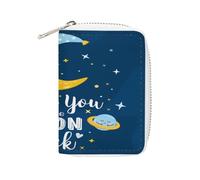 Women Leather Card Holder Coin wallet, Zipper Purse Key Change Compact Organizer Clutch Pouch Pocket 4.5x3.15 in Print I love you to the moon and back Stars, Space Planets Blue