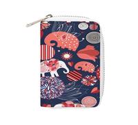 Women Leather Card Holder Coin wallet, Zipper Purse Key Change Compact Organizer Clutch Pouch Pocket 4.5x3.15 in Print Enamored Elephants Red Elephant Circles Flowers on Dark Blue