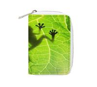 Women Leather Card Holder Coin wallet, Zipper Purse Key Change Compact Organizer Clutch Pouch Pocket 4.5x3.15 in Print Frog shadow on Green Leaf