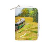 Women Leather Card Holder Coin wallet, Zipper Purse Key Change Compact Organizer Clutch Pouch Pocket 4.5x3.15 in Print Steam Train with Smoke Moves from Countryside Autumn Yellow