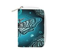 Women Leather Card Holder Coin wallet, Zipper Purse Key Change Compact Organizer Clutch Pouch Pocket 4.5x3.15 in Print Blue Moth Dead Head, Mystical Circle, Skull, Moon, Stars
