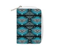 Women Leather Card Holder Coin wallet, Zipper Purse Key Change Compact Organizer Clutch Pouch Pocket 4.5x3.15 in Print Blue Moth Dead Head, Mystical Circle, Skull, Moon, Stars