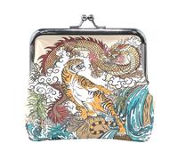 Women Leather Coin Purse, Hasp Card Key Change Wallet Kiss Lock Mini Clutch Pouch Pocket Ladies Small Buckle Handbag Case Print Chinese Dragon VS Tiger Waterfall