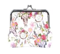Women Leather Coin Purse, Hasp Card Key Change Wallet Kiss Lock Mini Clutch Pouch Pocket Ladies Small Buckle Handbag Case Print Deer Skulls with Flowers and Dream Catchers Watercolor