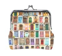 Women Leather Coin Purse, Hasp Card Key Change Wallet Kiss Lock Mini Clutch Pouch Pocket Ladies Small Buckle Handbag Case Print Ancient Wooden Door From all Around The World