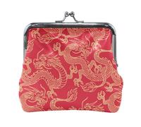 Women Leather Coin Purse, Hasp Card Key Change Wallet Kiss Lock Mini Clutch Pouch Pocket Ladies Small Buckle Handbag Case Print Gold Chinese Dragons On Red Seamless