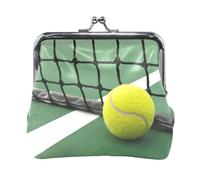 Women Leather Coin Purse, Hasp Card Key Change Wallet Kiss Lock Mini Clutch Pouch Pocket Ladies Small Buckle Handbag Case Print Tennis Ball Near The Net Green