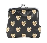 Women Leather Coin Purse, Hasp Card Key Change Wallet Kiss Lock Mini Clutch Pouch Pocket Ladies Small Buckle Handbag Case Print Golden God Hearts Seamless On Dark Black