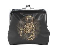 Women Leather Coin Purse, Hasp Card Key Change Wallet Kiss Lock Mini Clutch Pouch Pocket Ladies Small Buckle Handbag Case Print Scorpion Tattoo Ornate Gold Scorpion