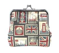 Women Leather Coin Purse, Hasp Card Key Change Wallet Kiss Lock Mini Clutch Pouch Pocket Ladies Small Buckle Handbag Case Print Union Jack, Parliament, Big Ben and London Stamps