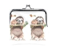 Women Leather Coin Purse, Hasp Card Key Change Wallet Kiss Lock Mini Clutch Pouch Pocket Ladies Small Buckle Handbag Case Cute Sloth On Tree Branches With Green Leaves