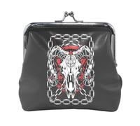 Women Leather Coin Purse, Hasp Card Key Change Wallet Kiss Lock Mini Clutch Pouch Pocket Ladies Small Buckle Handbag Case Print Devil Bull Skull Demon Red Black White