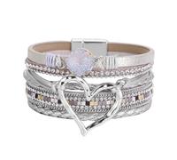 Women Leather Cuff Bracelet Set Multilayer Wrap Bracelet Heart Bracelet Magnetic Clasp Bracelet For Women Digital Ring Watch (Silver, One Size)