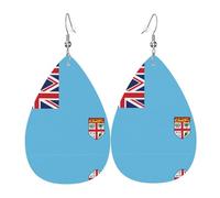 Women Leather Fiji Flag Printed Earrings Simple Teardrop Shaped Pendant Stylish Holiday Gift
