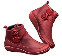Women Leather Flat Ankle Boots Lightweight Low Platform Pull on Boots Comfortable Smart Anti Slip Casual Shoes Red 6 UK