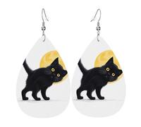 Women Leather Little black cat under the moon Printed Earrings Simple Teardrop Shaped Pendant Stylish Holiday Gift