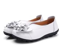 Women Leather Loafer Shoes,Flat Slip on Moccasins Flowers Casual Round Toe Wild Driving Flats Soft Walking Boat Shoes,White,6 UK