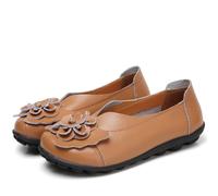 Women Leather Loafer Shoes,Flat Slip on Moccasins Flowers Casual Round Toe Wild Driving Flats Soft Walking Boat Shoes,Light Brown,2 UK