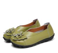 Women Leather Loafer Shoes,Flat Slip on Moccasins Flowers Casual Round Toe Wild Driving Flats Soft Walking Boat Shoes,Green 2,5 UK