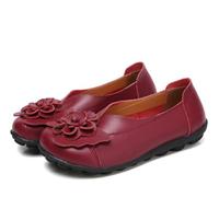 Women Leather Loafer Shoes,Flat Slip on Moccasins Flowers Casual Round Toe Wild Driving Flats Soft Walking Boat Shoes,Wine red,7.5 UK