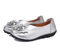 Women Leather Loafer Shoes,Flat Slip on Moccasins Flowers Casual Round Toe Wild Driving Flats Soft Walking Boat Shoes,Gray,7.5 UK