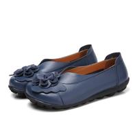 Women Leather Loafer Shoes,Flat Slip on Moccasins Flowers Casual Round Toe Wild Driving Flats Soft Walking Boat Shoes,Dark Blue,3 UK