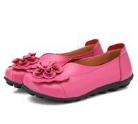 Women Leather Loafer Shoes,Flat Slip on Moccasins Flowers Casual Round Toe Wild Driving Flats Soft Walking Boat Shoes,Dark Pink,4 UK