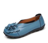 Women Leather Loafer Shoes,Flat Slip on Moccasins Flowers Casual Round Toe Wild Driving Flats Soft Walking Boat Shoes,Blue,7 UK