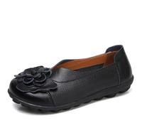 Women Leather Loafer Shoes,Flat Slip on Moccasins Flowers Casual Round Toe Wild Driving Flats Soft Walking Boat Shoes,Black,9 UK