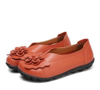 Women Leather Loafer Shoes,Flat Slip on Moccasins Flowers Casual Round Toe Wild Driving Flats Soft Walking Boat Shoes,Orange,3 UK