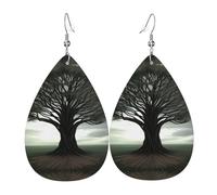 Women Leather Lonely Tree Printed Earrings Simple Teardrop Shaped Pendant Stylish Holiday Gift