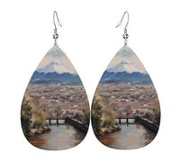 Women Leather nice Mount Fuji Printed Earrings Simple Teardrop Shaped Pendant Stylish Holiday Gift