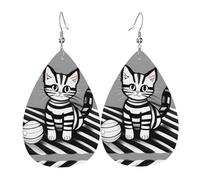 Women Leather Play ball kitty Printed Earrings Simple Teardrop Shaped Pendant Stylish Holiday Gift