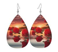 Women Leather red roses at sunset Printed Earrings Simple Teardrop Shaped Pendant Stylish Holiday Gift