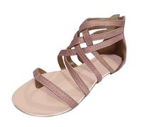 Women Leather Sandals Solid Colour Flat Thong Sandals Strappy Crossover Beach Sandal Closed Back Sandal With Zipper Wide Open Toe Shoes Comfort Fit Walking Shoes Outdoor Sandalen