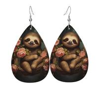 Women Leather Sloth surrounded by roses Printed Earrings Suitable For Daily Wear Parties Dates And Other Occasions