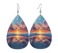 Women Leather Sunset on the sea Printed Earrings Simple Teardrop Shaped Pendant Stylish Holiday Gift