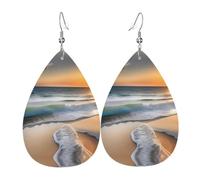 Women Leather Sunset over the waves Printed Earrings Simple Teardrop Shaped Pendant Stylish Holiday Gift
