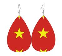 Women Leather Vietnamese flag Printed Earrings Simple Teardrop Shaped Pendant Stylish Holiday Gift