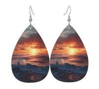 Women Leather Waves after sunset Printed Earrings Simple Teardrop Shaped Pendant Stylish Holiday Gift