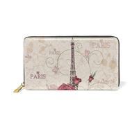 Women Leather Zipper Long Wallet, Pocket Large Capacity Organizer Slim Cover Case Key Card Change Purse Holder Coin Clutch Pouch Print Paris Eiffel tower With Pink Flowers Green Leaves
