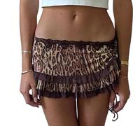 Women Leopard Mini Skirt Vintage Lace Ruffle Skirt Y2k Low Waist Layered Print Short Skirt 90s E-Girl Clubwear (Coffee, S)