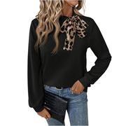Women Leopard Print Bow Tie Front Mock Neck Tops-Casual Elegant Long Sleeve Loose Fit Pullover Sweatshirts for Office Daily Wear (Black,XL)