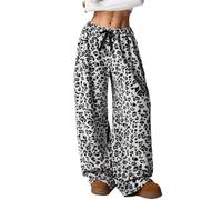 Women Leopard Print Fuzzy Pajama Y2k Cheetah Pants Casual Cozy Drawstring Wide Leg Pants High Waisted Fluffy Pants (White,S)