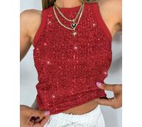 Women Leopard Print Sequin Decor Crewneck Sleeveless Tank Shirt Colorblock Trim Slim Casual Blouse Crop Top Daily Streetwear