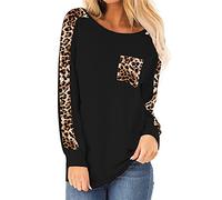 Women Leopard Print Stripe Leopard Print Tops Loose Sweaters for Women Casual T-Shirts with Pockets Long Sleeve Tunics Soft Lightweight Womens Long Sleeve T Shirts Round Neck Sweatshirts A-black