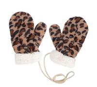 Women Leopard Print Winter Glove Thermal Fleece Lined Warm Glove with Rope Outdoor Windproof Full Finger Skiing Riding School Mitten for Ladies Girls