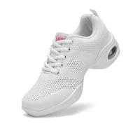 Women Line Dancing Shoes Air Cushion Arch Support Non Slip Dance Trainers Breathable Mesh Lace-Up Jazz Shoes Comfy Casual Wide Fit Sneakers for Sports Fitness Training Walking,White,3