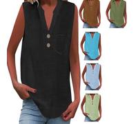 Women Linen Blouse Tops Loose Fit V Neck Solid Color Dressy Casual Shirts Plus Size Short Sleeve Trendy Tees Summer Beach Holiday Flowy Blouses Black